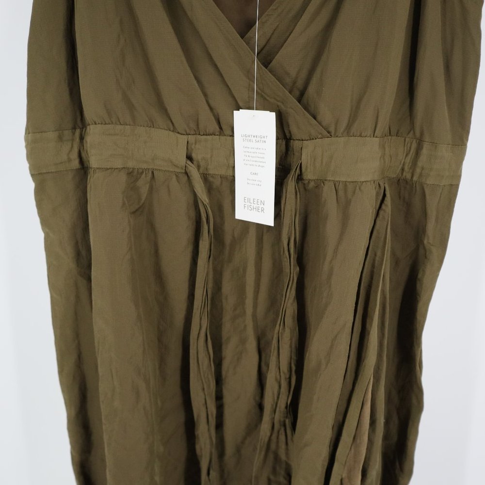 Eileen Fisher Sleeveless Satin Tie Waist V-Neck Dress Green/Brown - Picture 7 of 11